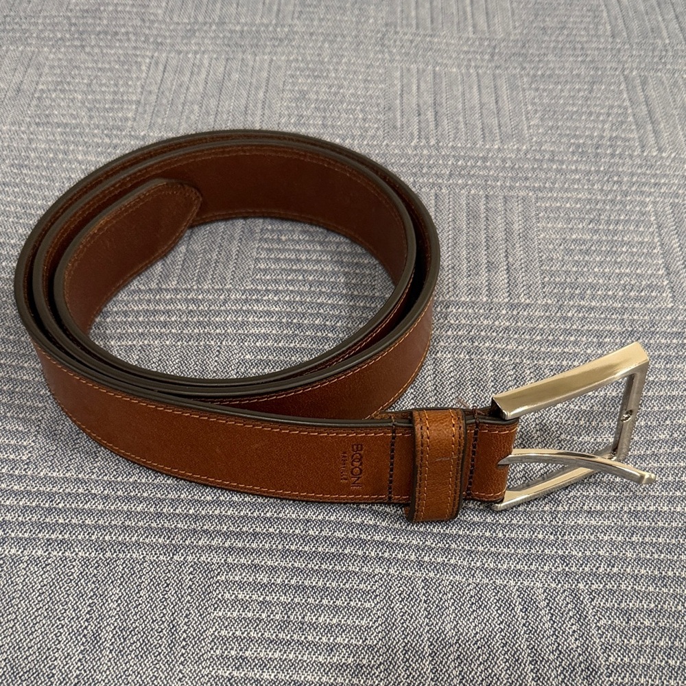 Men's Cognac Leather Dress Belt with Brushed Silver Buckle by Boconi Nashville